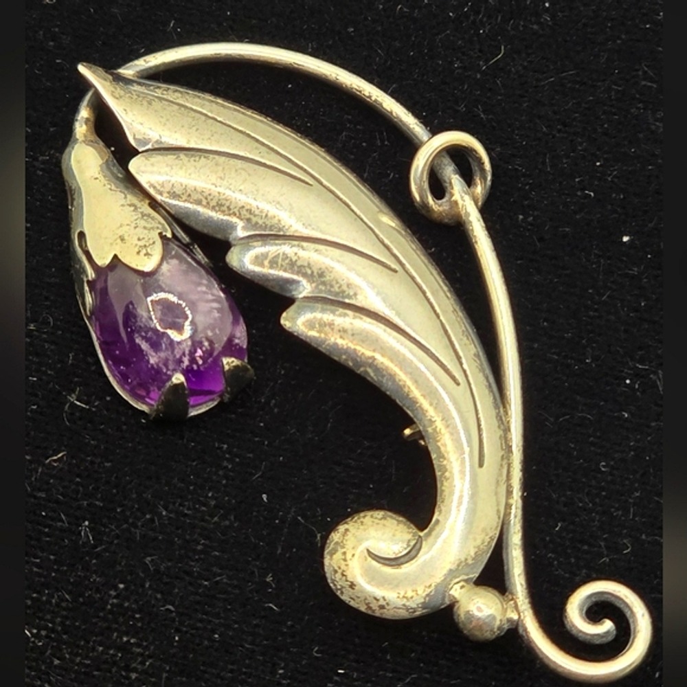 Vintage Damaso Gallegos Taxco Sterling Amethyst Floral Brooch Pendant 1940s 50s
